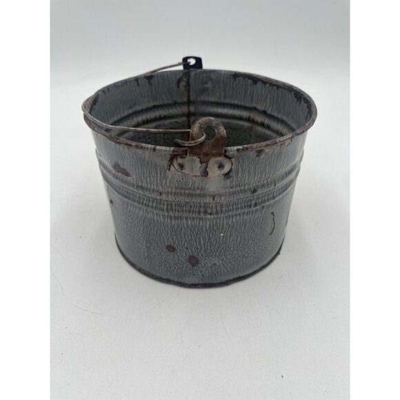 Vintage Rustic Metal Berry Bucket Planter Decor With Handle & Patina Gray Enamel - Picture 2 of 7